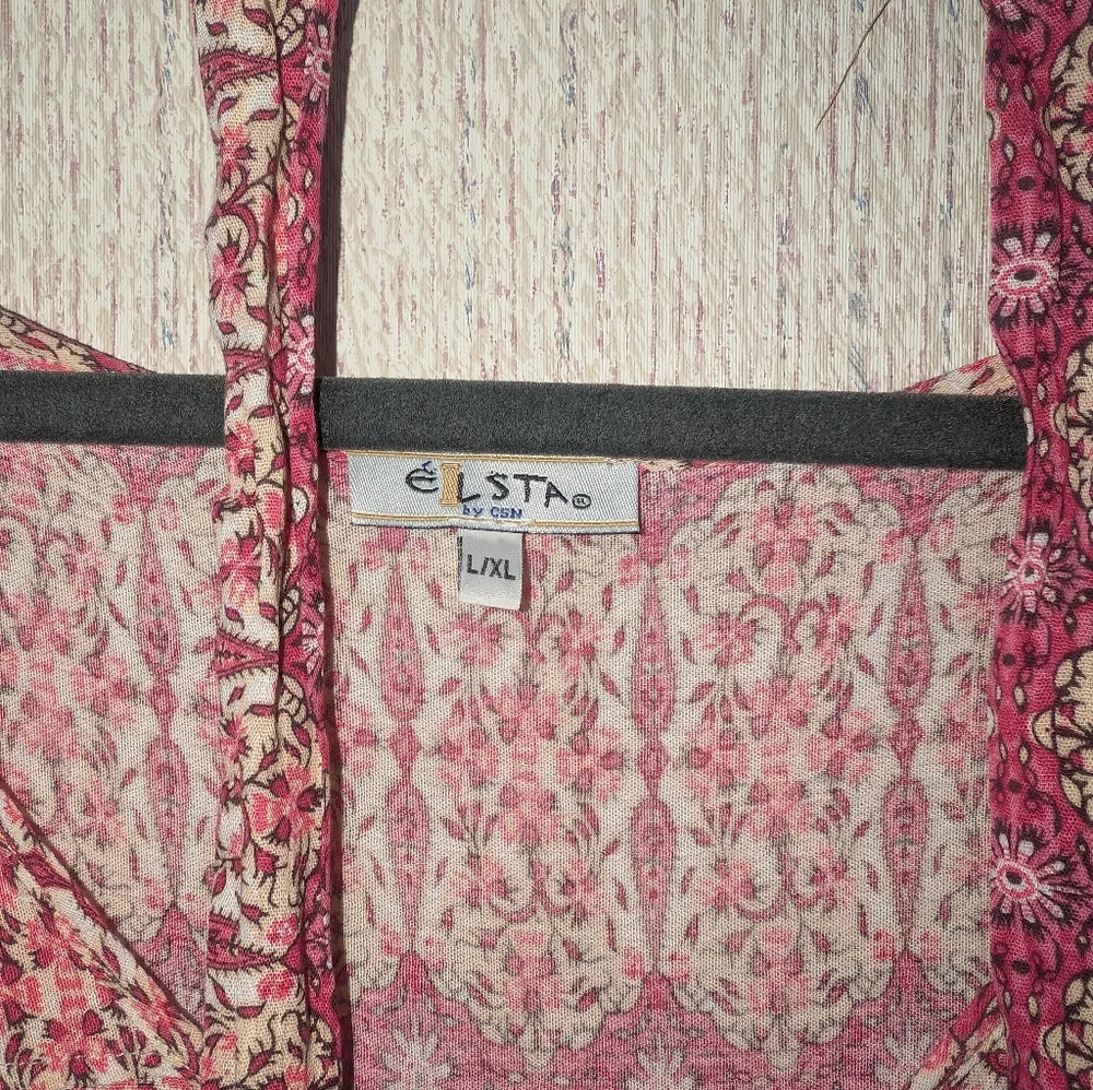 Pink Boho Floral Dress w/Tie Waist – Flowy Lightweight, L/XL - Picture 4 of 5